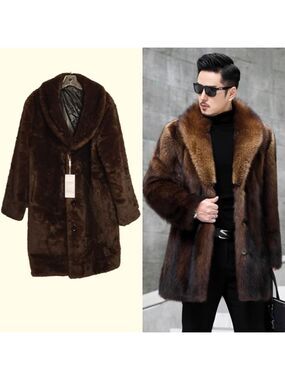 Amazon NEW Faux Fur Button Wide Collar Front Mens Long Trench Coat Brown Medium